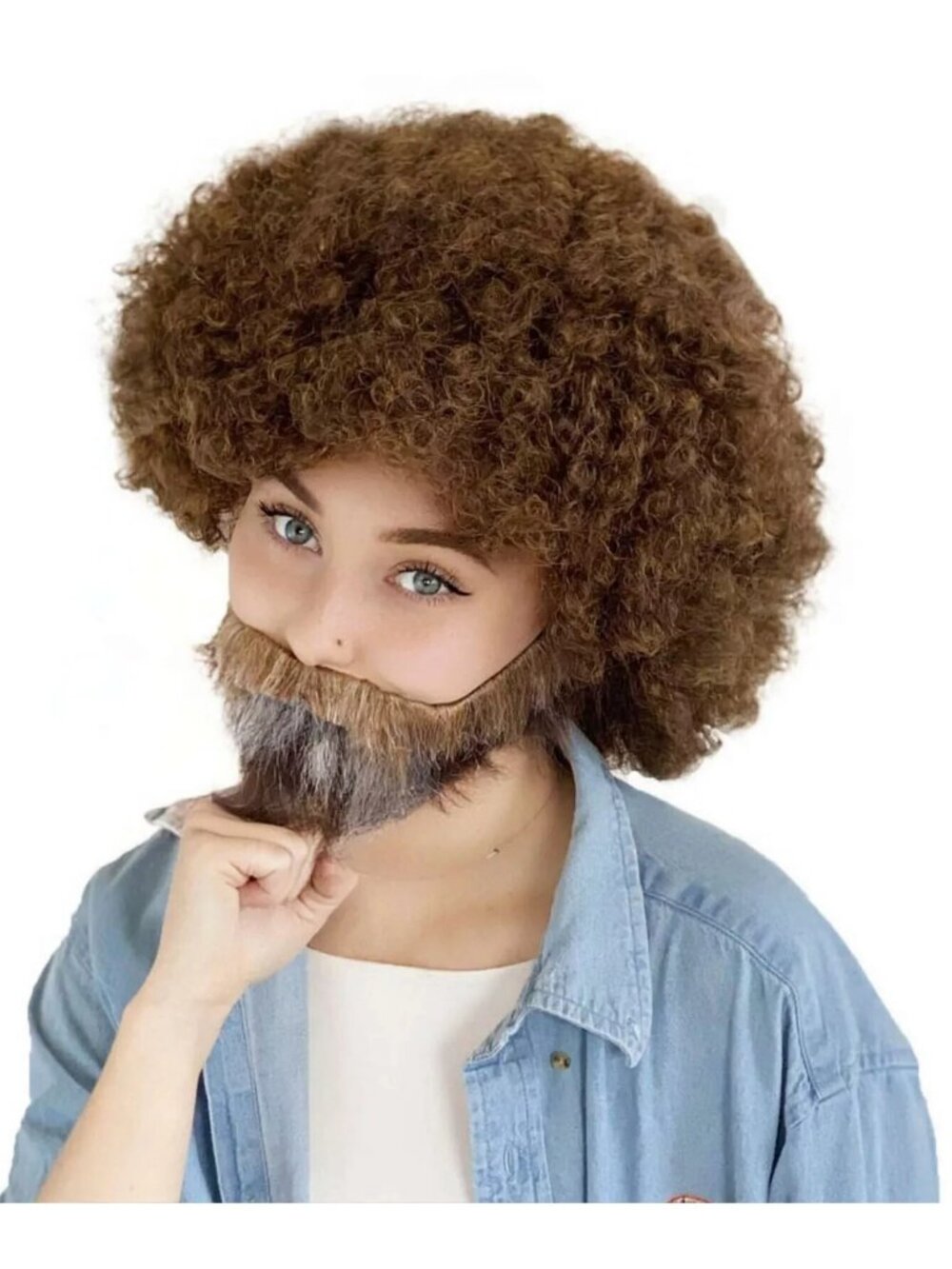 Bob Ross Wig & Beard Set – 80s Afro Wig with Brown Beard Set